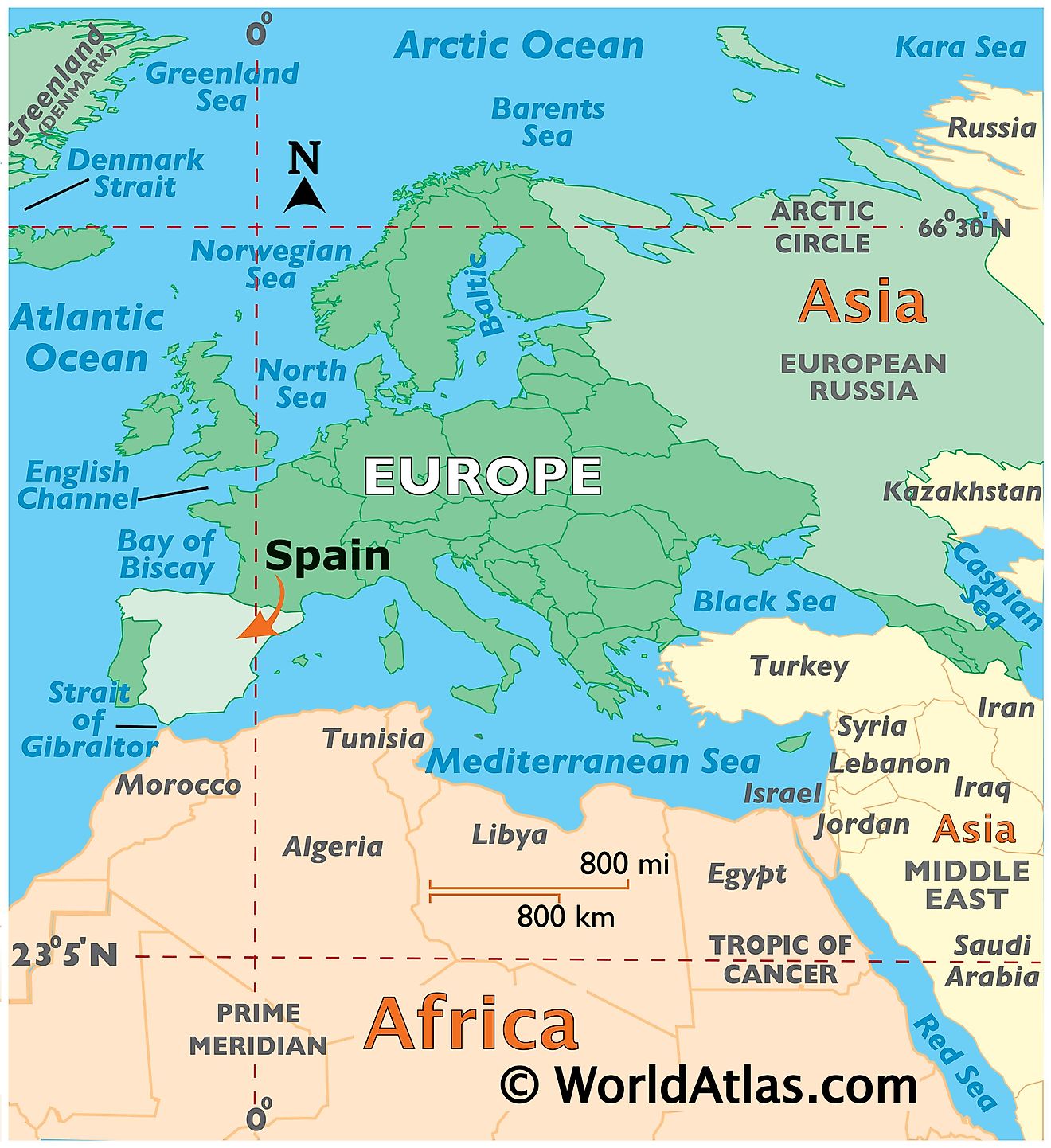 Map showing location of Spain in the world.