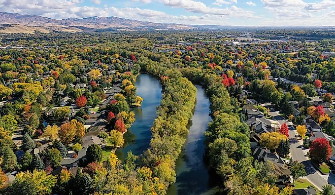 An aerial view of the Boise River and Garden City.