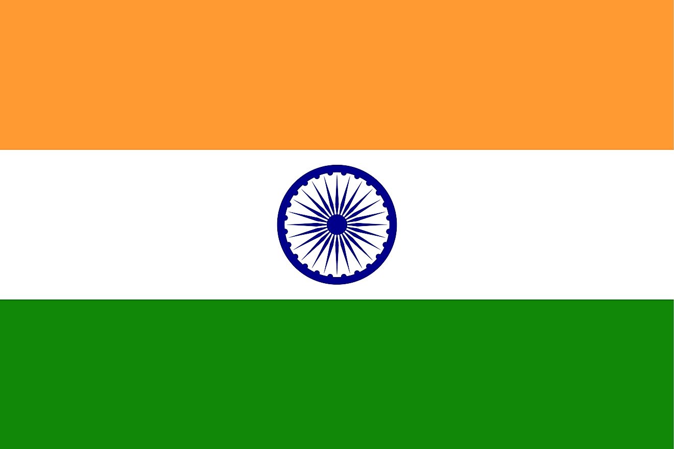 The flag of India is a tricolor flag of saffron (orange), white, and green horizontal bands with blue Ashoka Chakra centered on white.