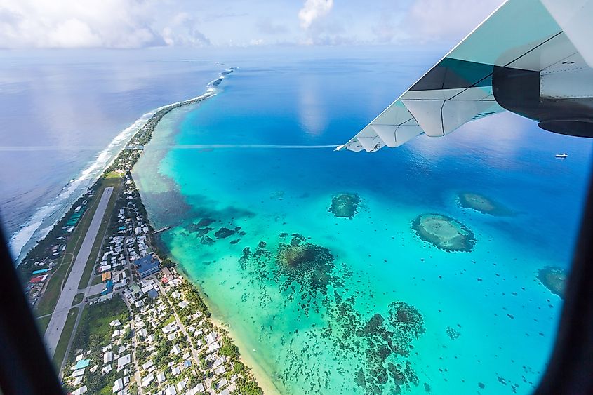 Tuvalu under the wing of the airplane.