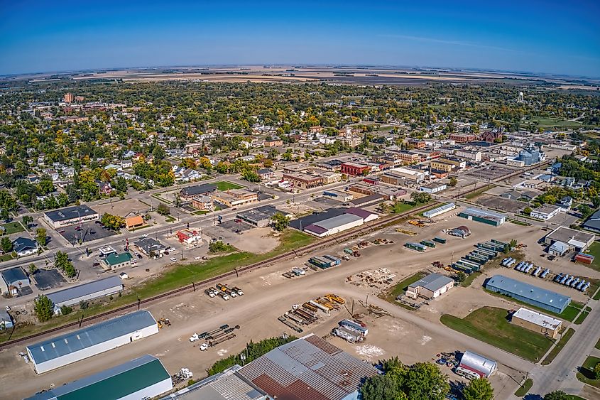 Aerial view of downtown Wahpeton, North Dakota.