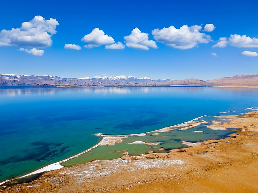 Aerial panoramic view of Karakul Lake in Tajikistan