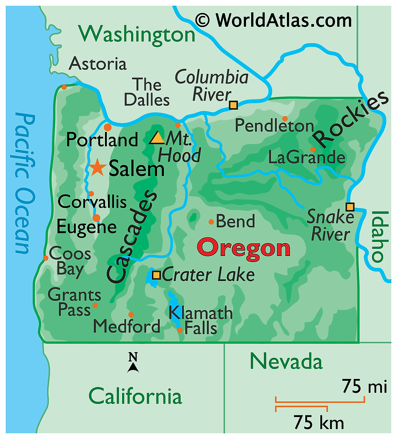 Physical Map of Oregon. It shows the physical features of Oregon including its mountain ranges, plateaus, rivers and major lakes. 