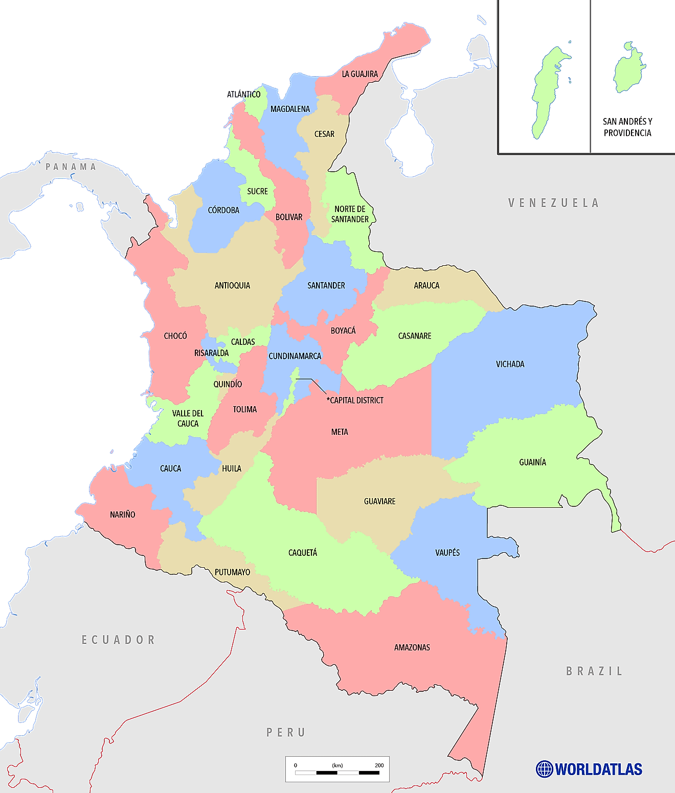 Political Map of Colombia showing its 32 departments and the capital district - Bogota