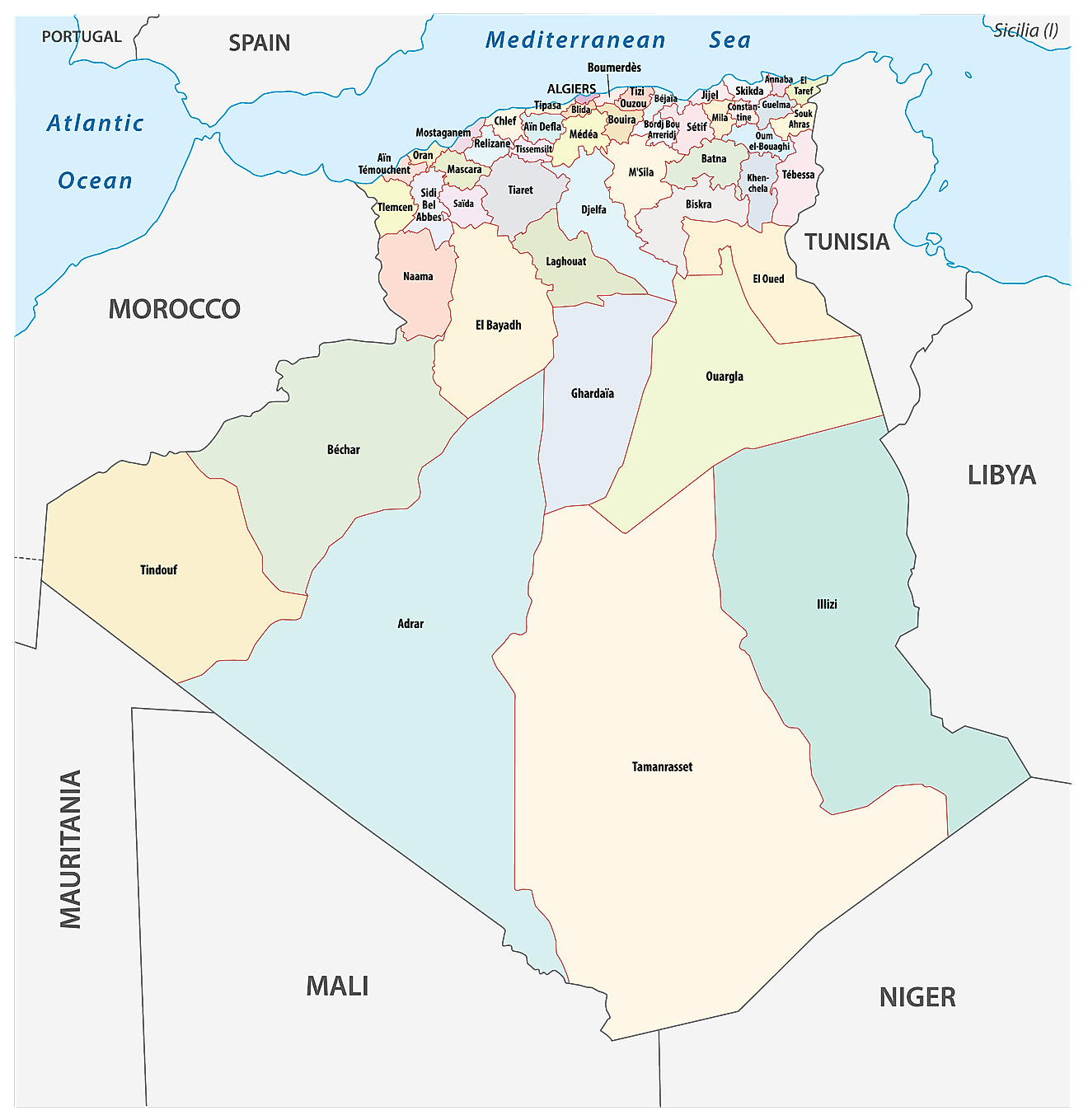 Political map of Algeria showing 58 provinces.