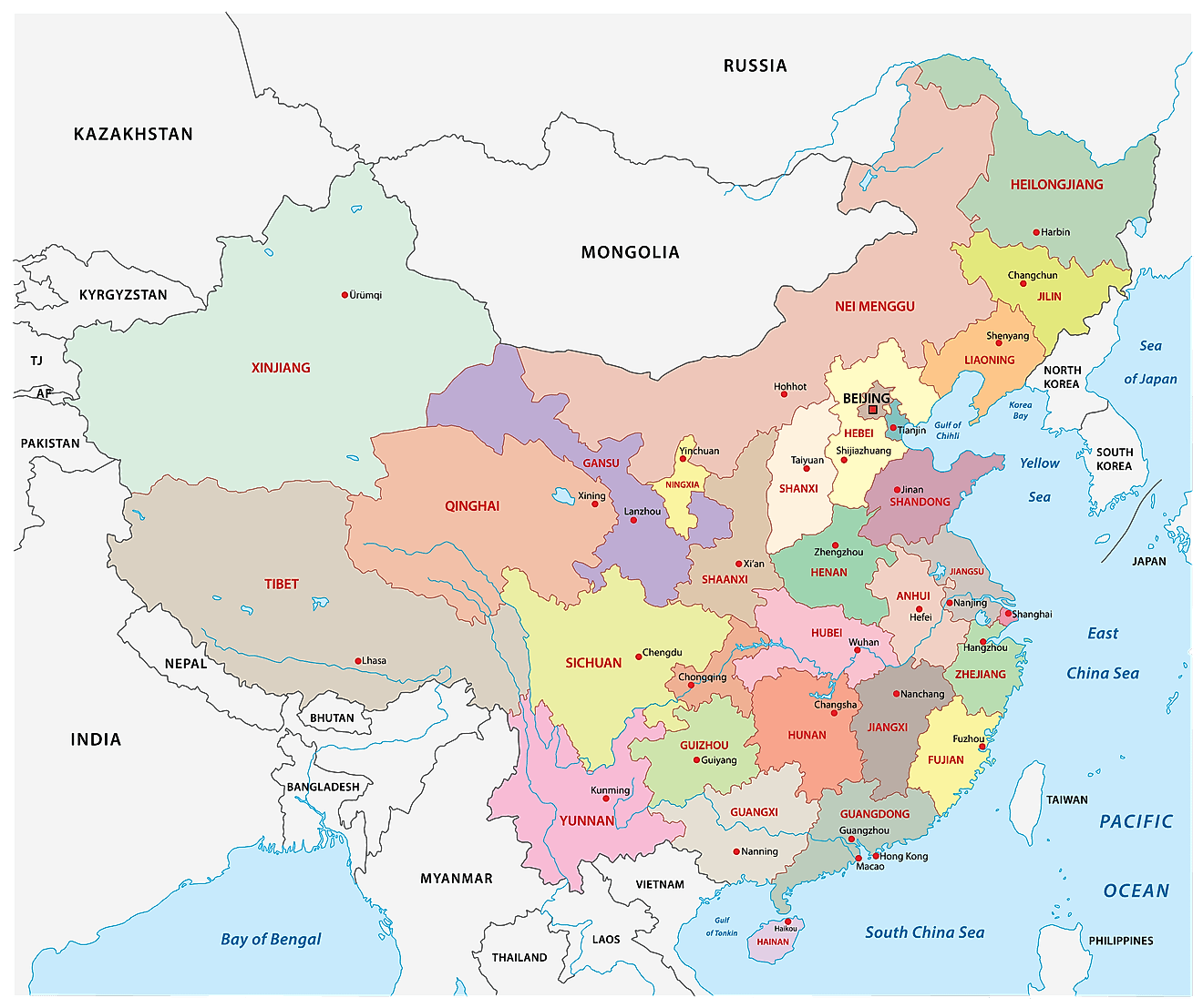 Political Map of China showing the 22 provinces, 5  autonomous regions, and 4 municipalities, their capitals, and the national capital of Beijing.