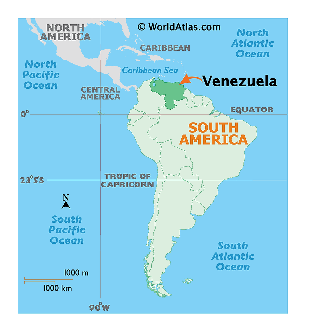 Map showing location of Venezuela in the world.