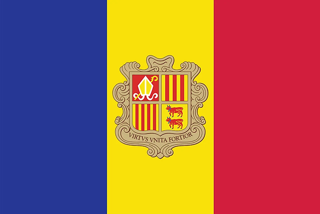 The Andorra flag features three equal vertical bands of blue, yellow, and red with the national coat of arms in the center