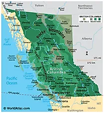 Physical Map of British Columbia. It shows the physical features of British Columbia, including mountain ranges, notable rivers, and major lakes. 