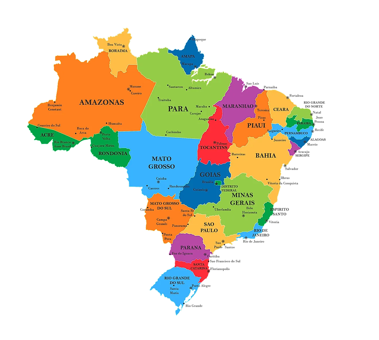 Political Map of Brazil showing its 26 states and 1 Federal District and the capital city of Brasilia