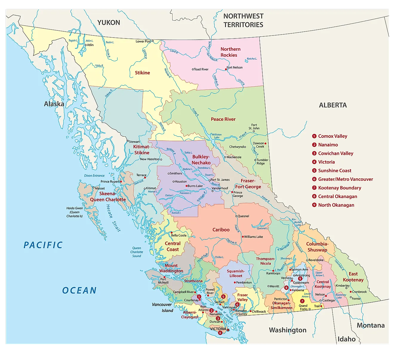 Administrative Map of British Columbia showing its various regional districts and its capital city - Victoria