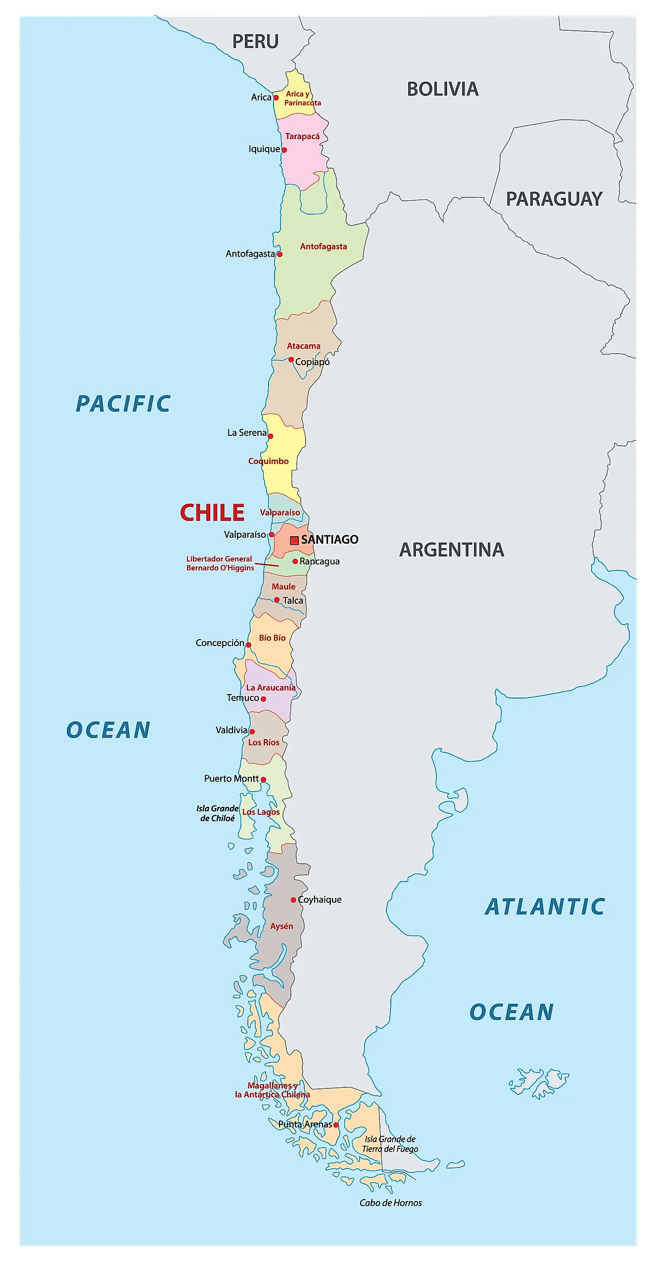Political Map of Chile showing its 16 regions, 56 provinces and 346 communes and the capital city of Santiago