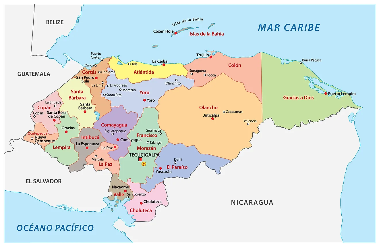 Political Map of Honduras showing its 18 departments and the capital city Tegucigalpa
