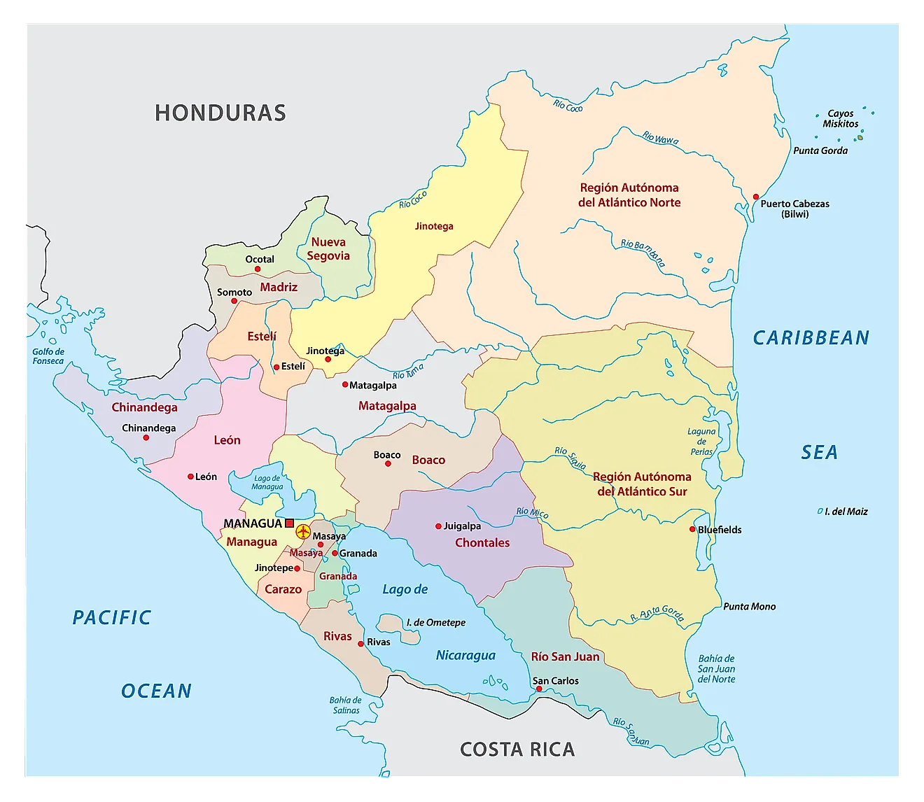 Political Map of Nicaragua showing its 15 departments and 2 autonomous regions and the capital city Managua.