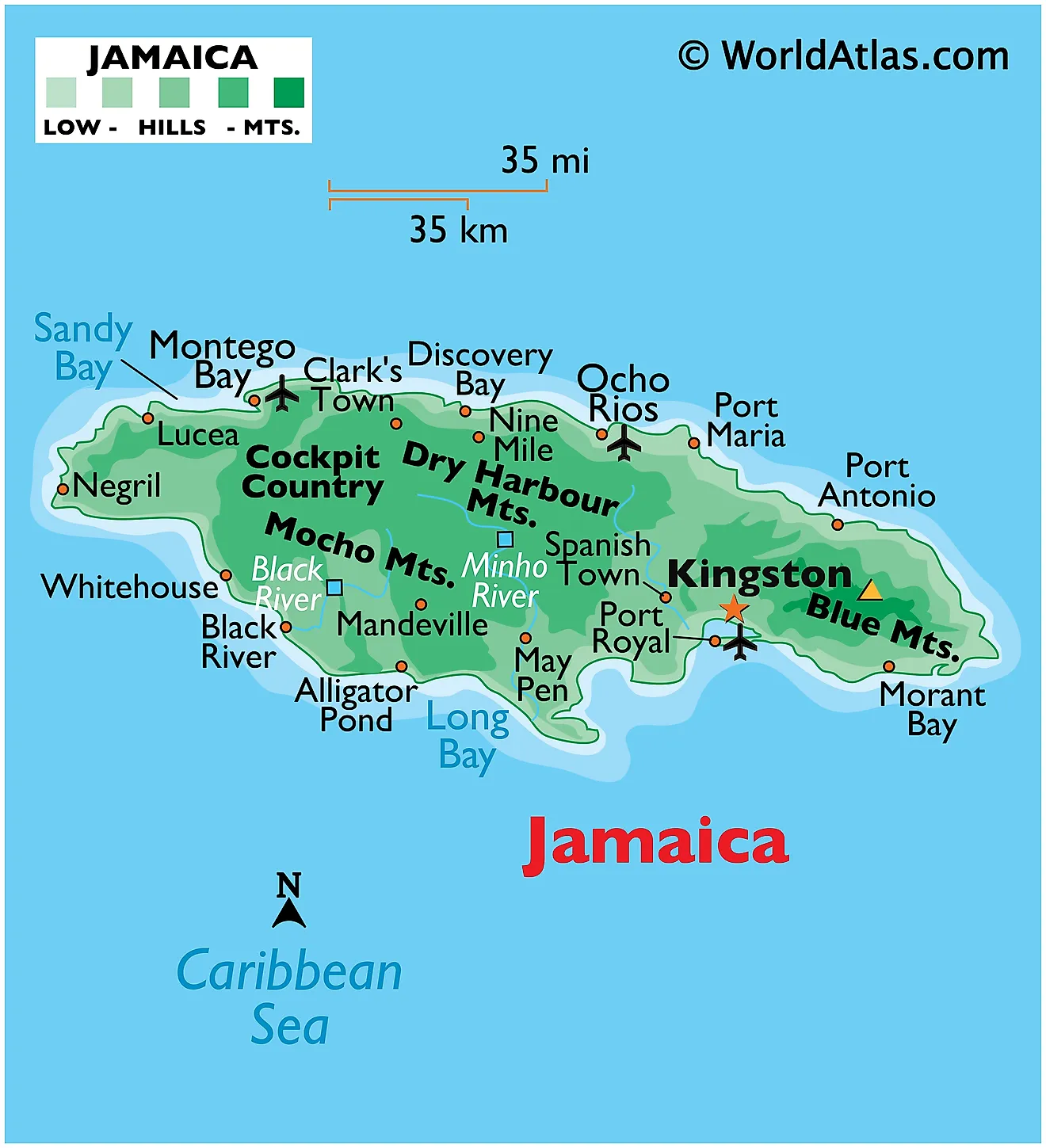 Physical Map of Jamaica showing relief, major mountain ranges, rivers ports, important settlements, and more.