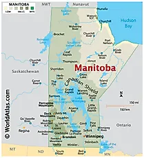 Physical Map of Manitoba. It shows the physical features of Manitoba, including mountain ranges, important rivers, major lakes. 