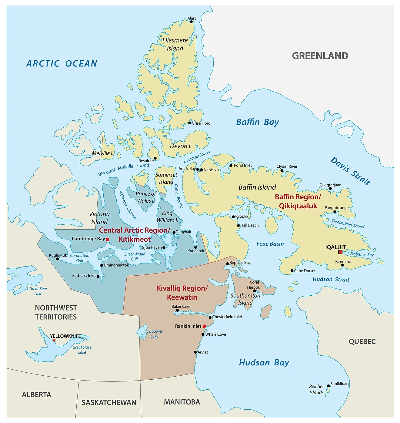 Administrative Map of Nunavut showing its regions and its capital city - Iqaluit