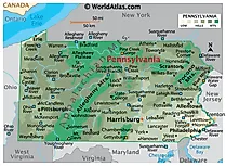 Physical Map of Pennsylvania. It shows the physical features of Pennsylvania including its mountain ranges and major rivers. 