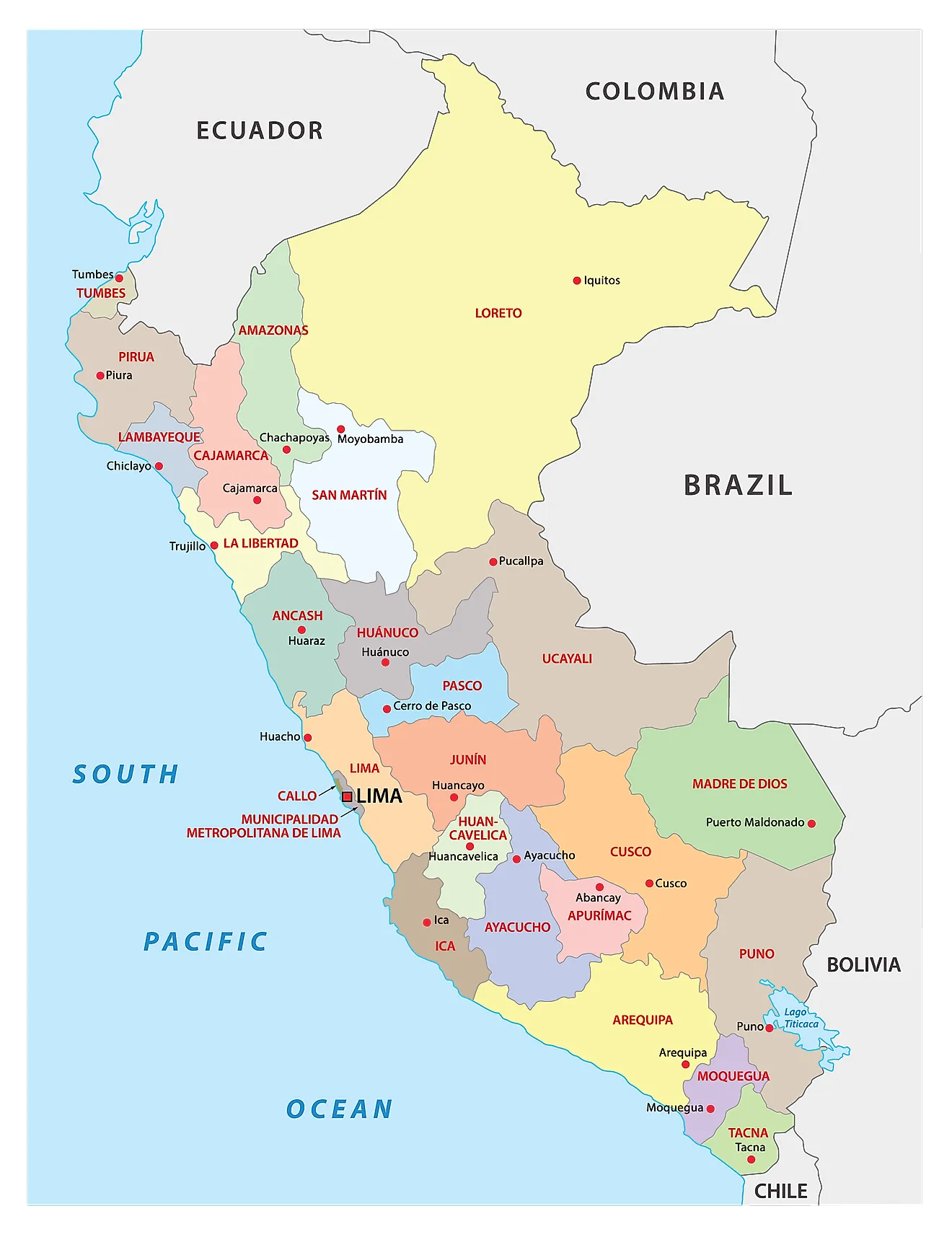 Political Map of Peru showing its 25 regions and 1 province and the capital city of Lima