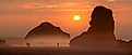 Face rock on the beach at Bandon, Oregon, at sunset.