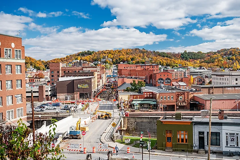 Aerial view of Cumberland, Maryland, in fall.