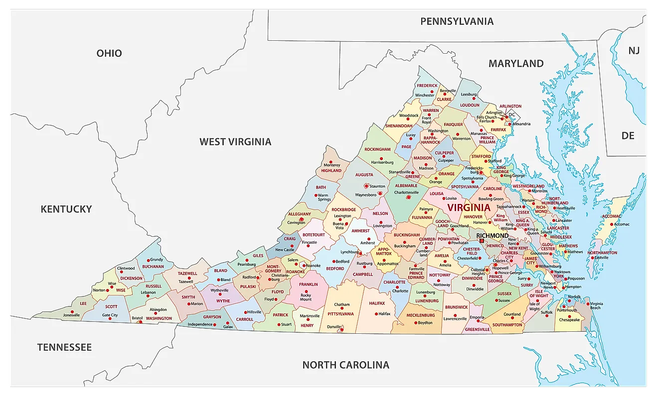 Administrative Map of Virginia showing its 134 counties and the capital city - Richmond