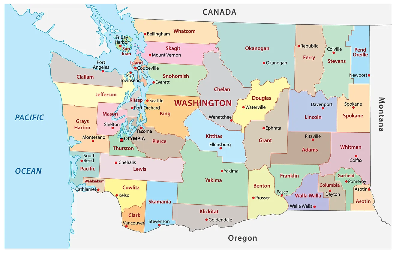 Administrative Map of Washington showing its 39 counties and the capital city - Olympia